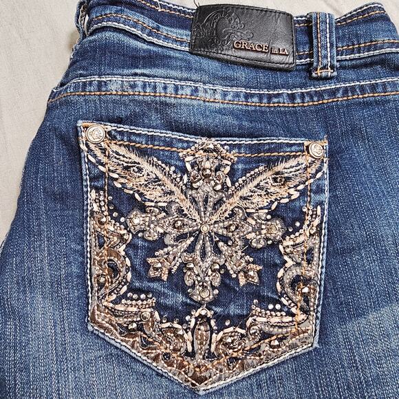 Grace LA Easy Fit Stretchy Medium Wash Straight Leg Jeans Embellished 32 - Picture 2 of 11
